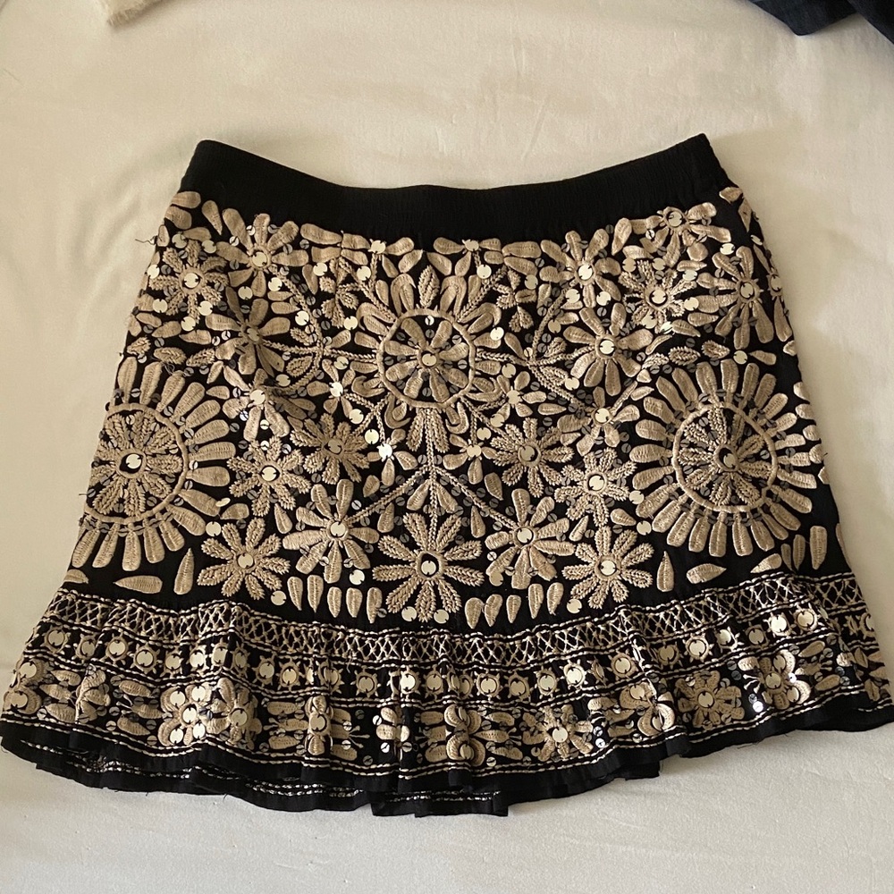 Free People Black Mini Skirt with Cream Embroidered Sequined Floral Motif Medium